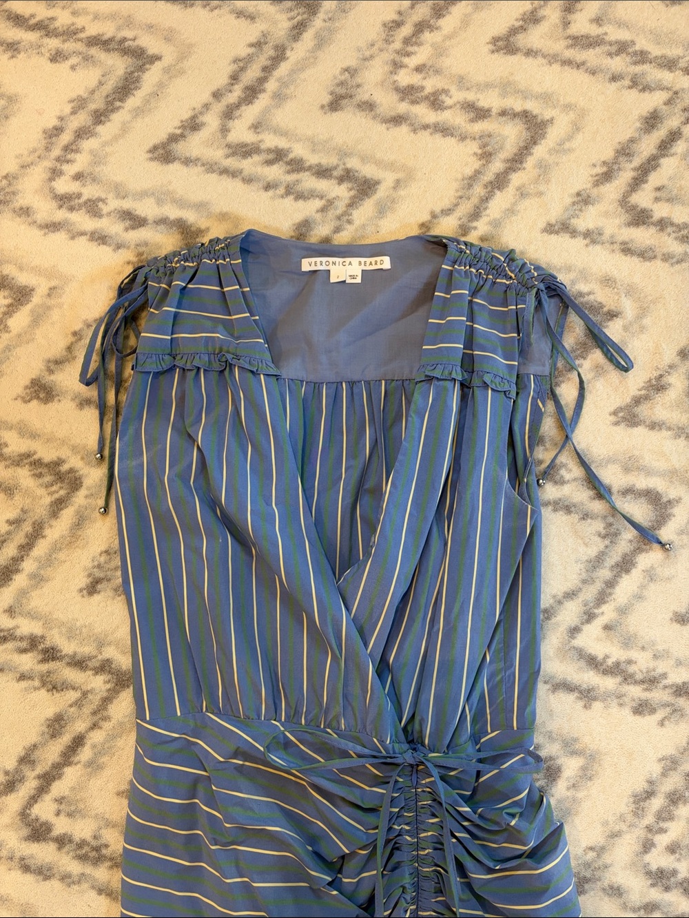 Veronica Beard Blue Striped Ruched Midi Dress - Picture 3 of 9